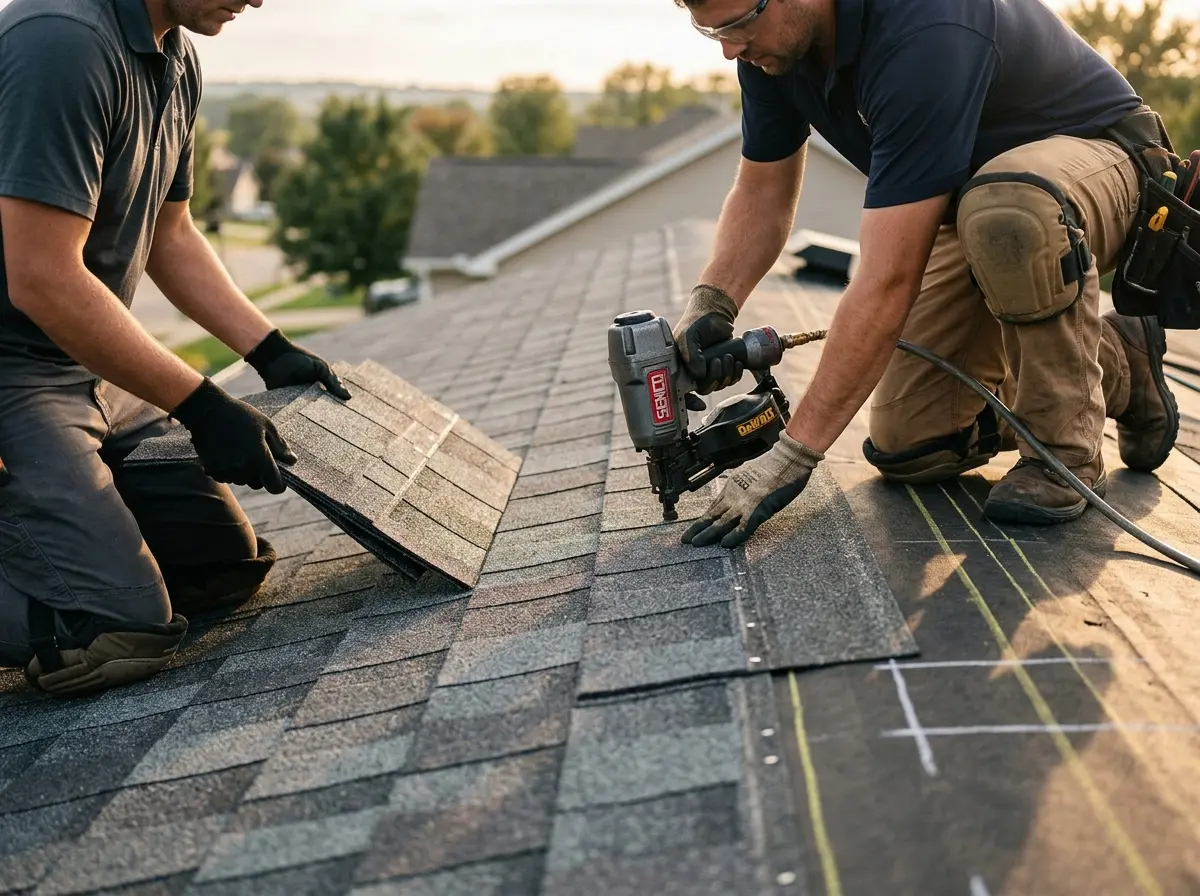Professional roofer working on a residential roof in Rumford
